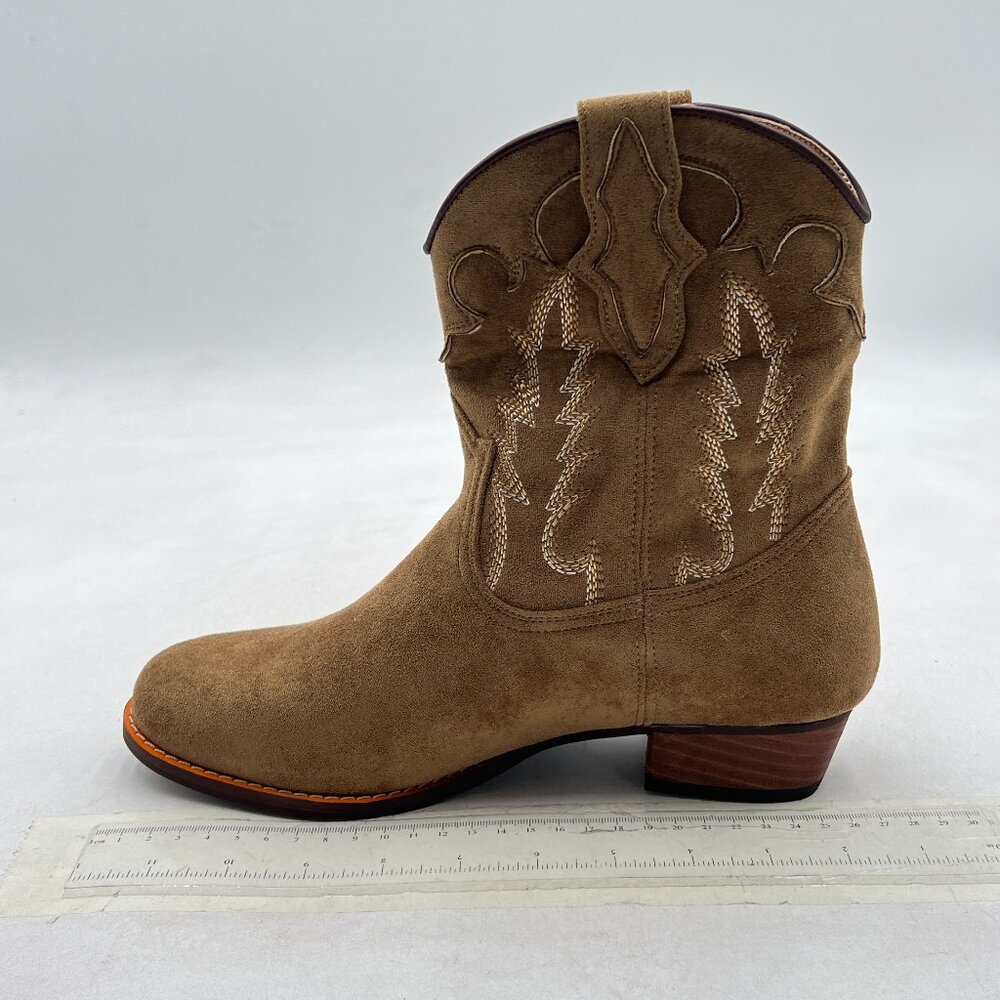 Tan Women's Western Cowboy Cowgirl Embroidered Ankle Boots Fashion Low Heel Boot